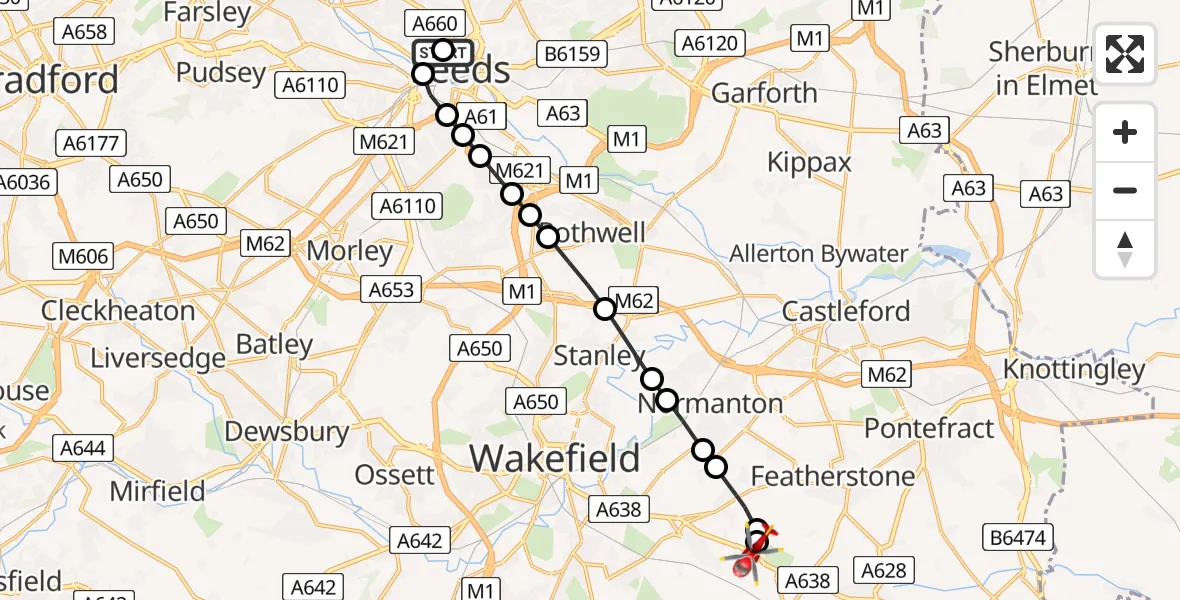 Flight route Air Ambulance Helicopter Woodhouse - YAA Nostell Helicopter Port, 07 June 2026, 13:24