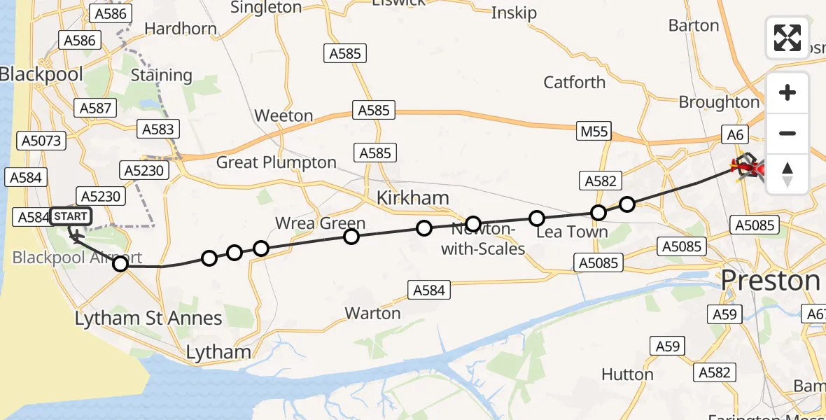 Flight route Air Ambulance Helicopter Blackpool Airport - Preston, 07 June 2026, 13:31