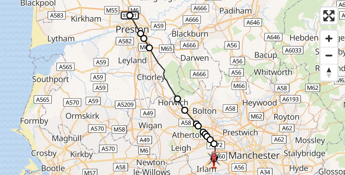 Flight route Air Ambulance Helicopter Royal Preston - Manchester Barton Aerodrome, 07 June 2026, 13:45