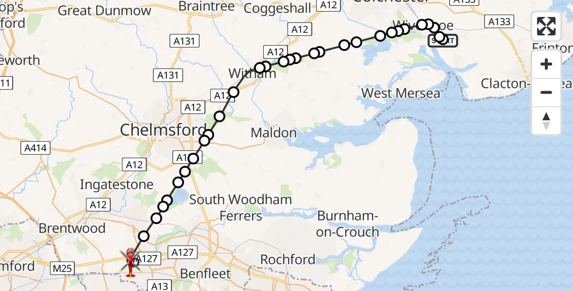 Flight route Air Ambulance Helicopter Alresford - Basildon, 07 June 2026, 13:52
