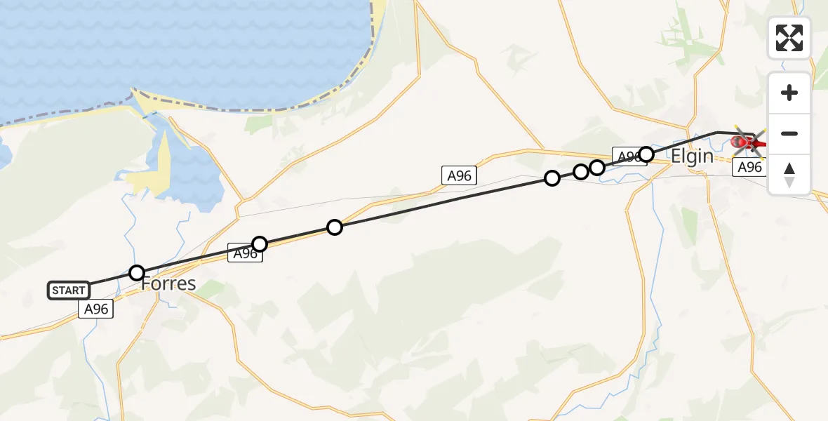Flight route Air Ambulance Helicopter Broom of Moy - Elgin, 07 June 2026, 13:55