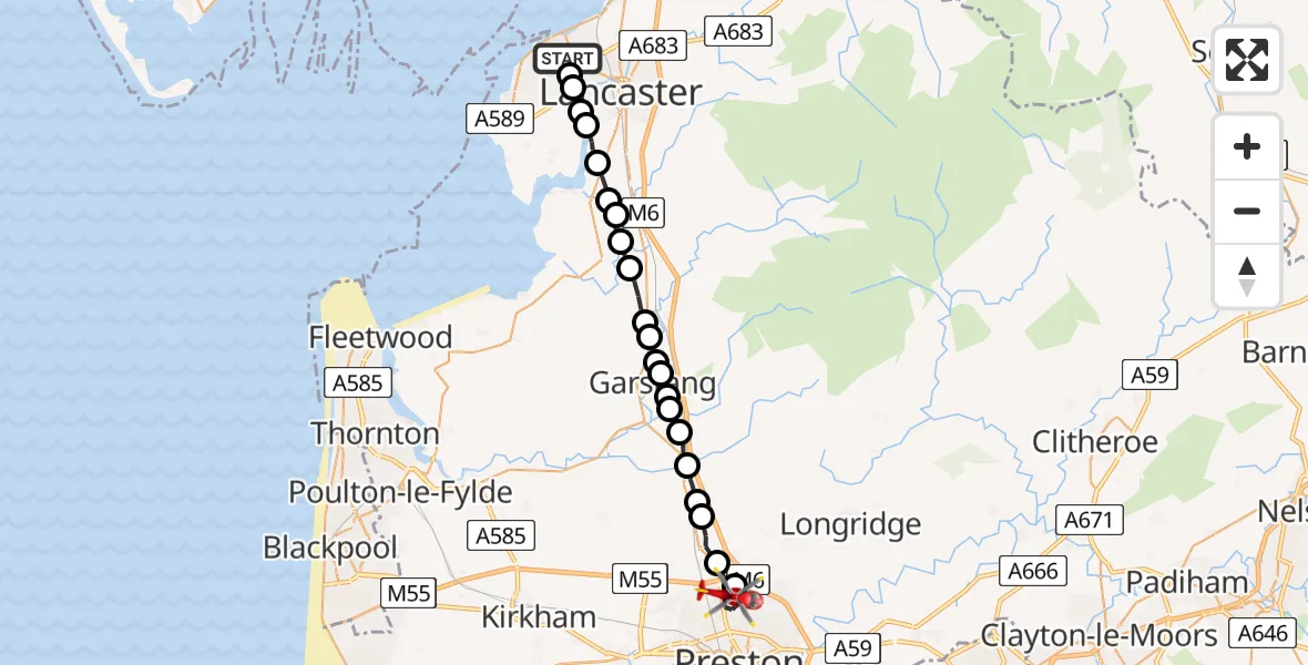 Flight route Air Ambulance Helicopter Morecambe - Preston, 07 June 2026, 14:01