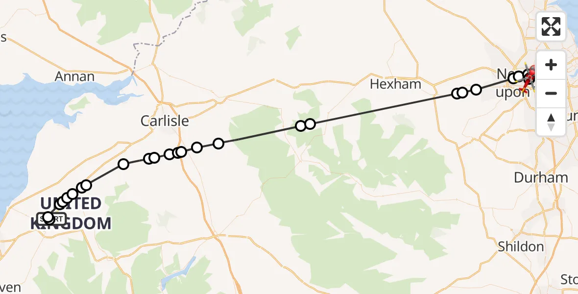 Flight route Air Ambulance Helicopter Blindcrake - Newcastle Royal Victoria Infirmary, 07 June 2026, 14:04