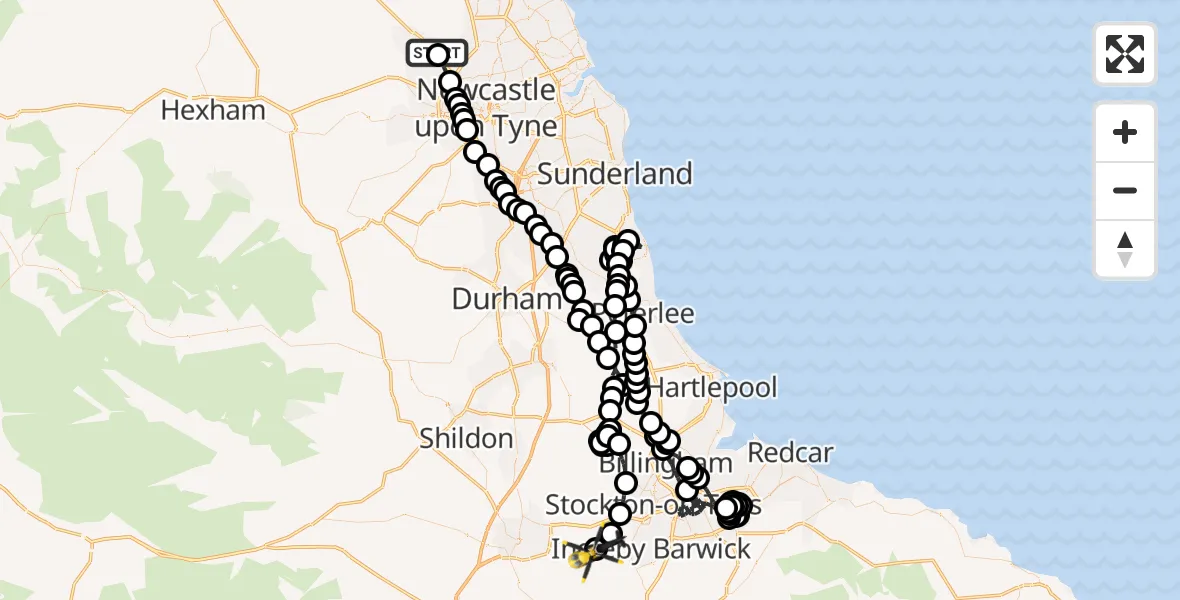 Flight route Police Helicopter Newcastle International Airport - Longnewton, 07 June 2026, 14:05