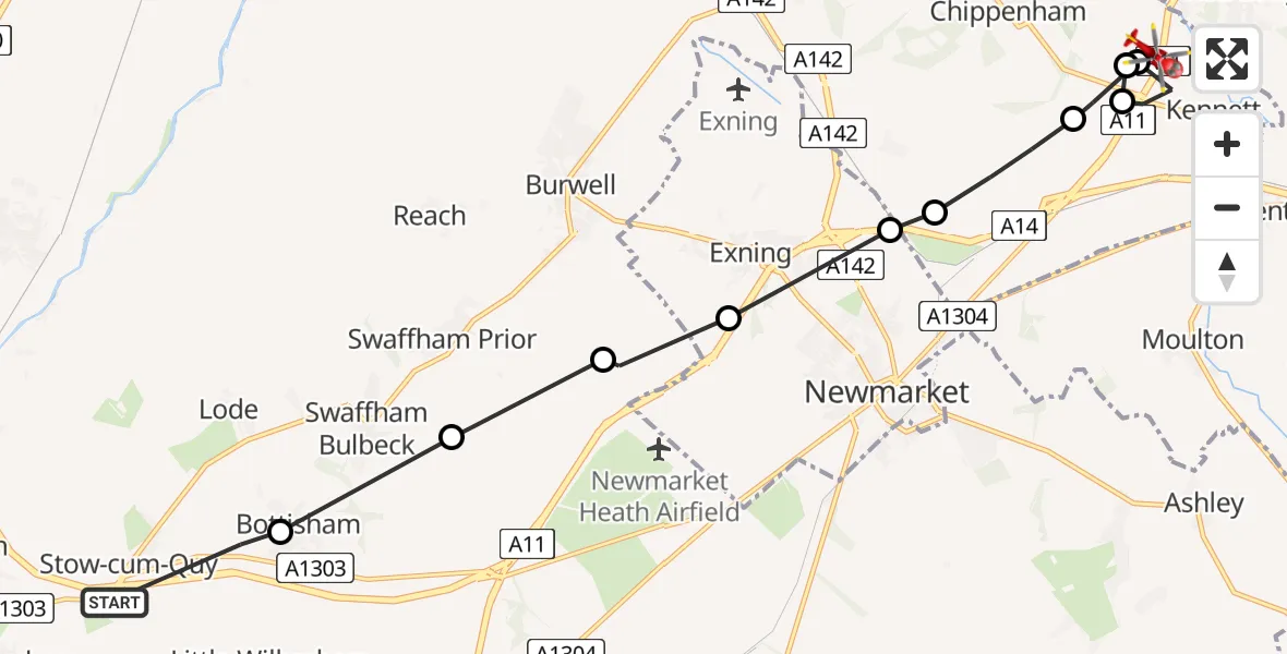 Flight route Air Ambulance Helicopter Stow cum Quy - Kennett, 07 June 2026, 14:05