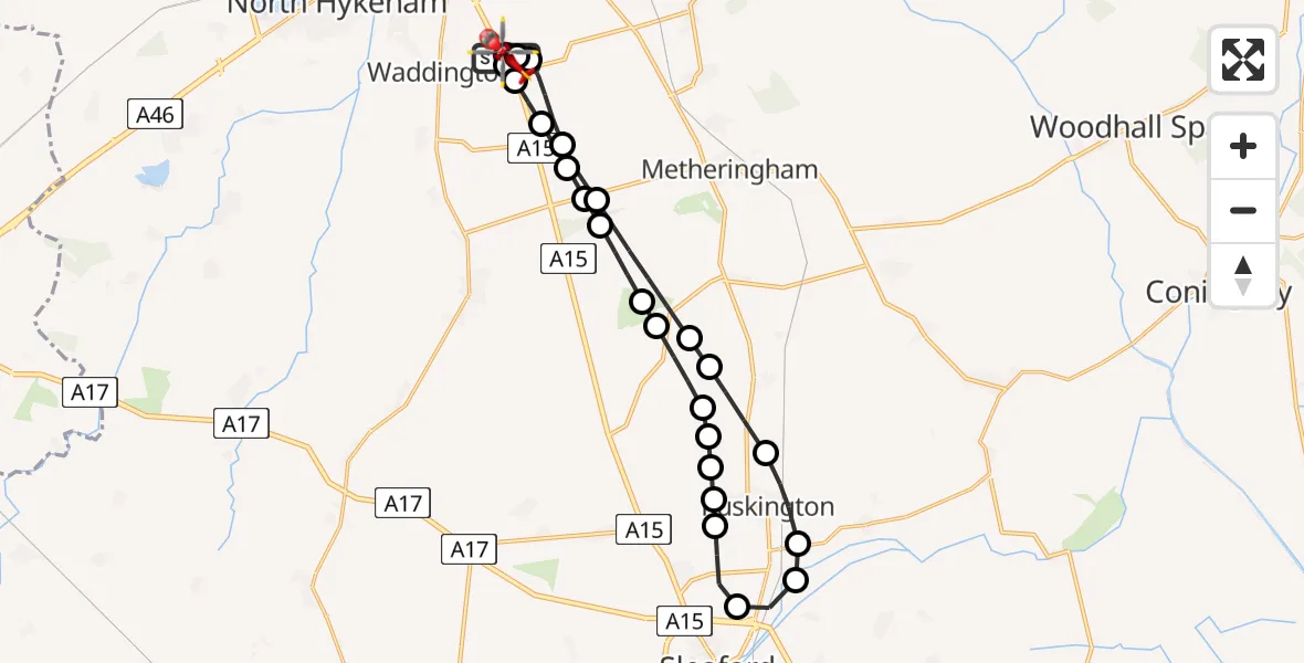Flight route Air Ambulance Helicopter RAF Waddington - North Kesteven, 07 June 2026, 14:11