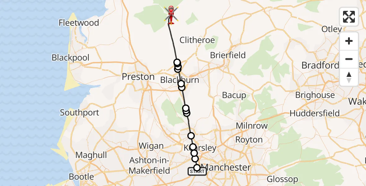 Flight route Air Ambulance Helicopter Manchester Barton Aerodrome - Dunsop Bridge, 07 June 2026, 14:21