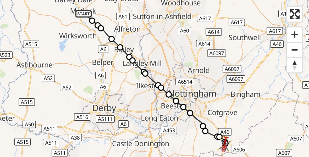 Flight route Air Ambulance Helicopter Matlock - Nottingham Heliport, 07 June 2026, 14:24