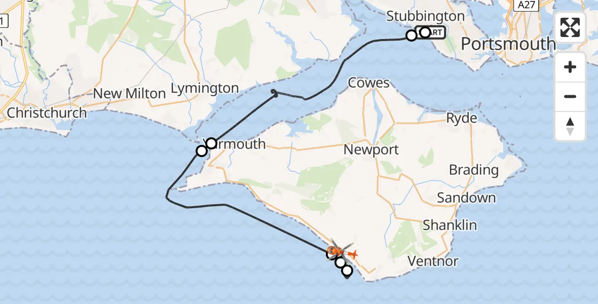 Flight route Coastguard Helicopter Solent Airport - Chale, 07 June 2026, 14:25