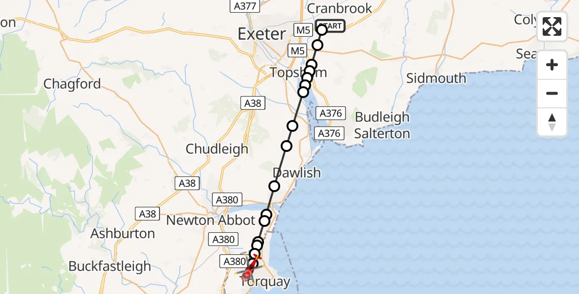 Flight route Air Ambulance Helicopter Exeter International Airport - Torquay, 07 June 2026, 14:28