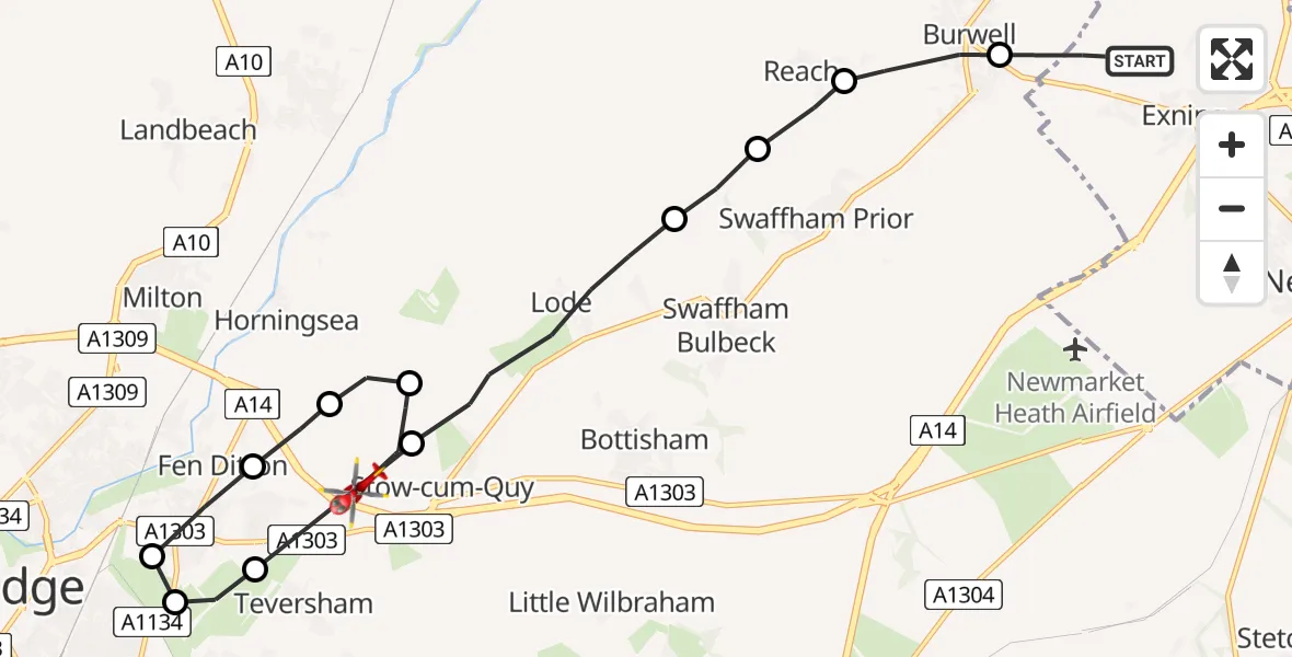 Flight route Air Ambulance Helicopter Exning - Fen Ditton, 07 June 2026, 14:44