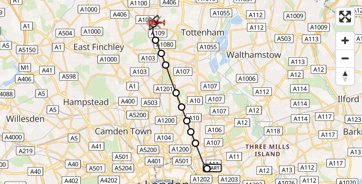 Flight route Air Ambulance Helicopter Royal London Hospital - Haringey, 07 June 2026, 14:50