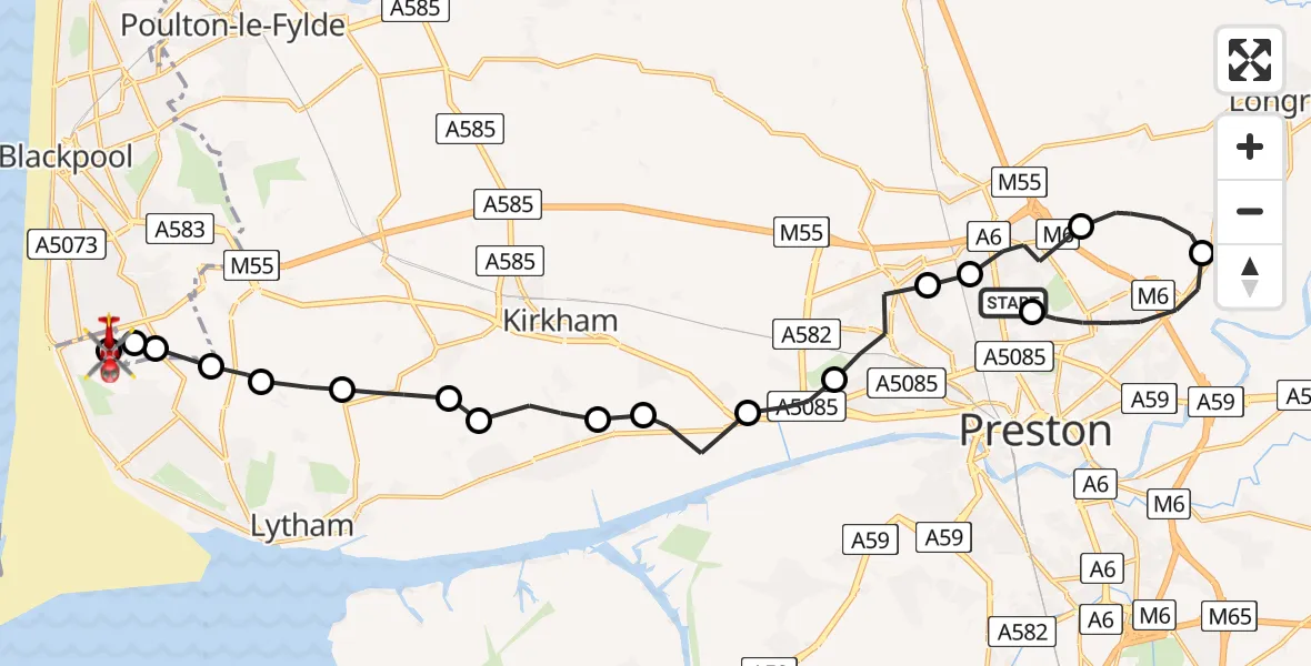Flight route Air Ambulance Helicopter Royal Preston - Blackpool Airport, 07 June 2026, 14:52