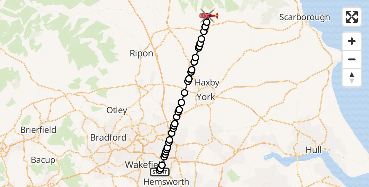 Flight route Air Ambulance Helicopter YAA Nostell Helicopter Port - Helmsley, 07 June 2026, 14:52