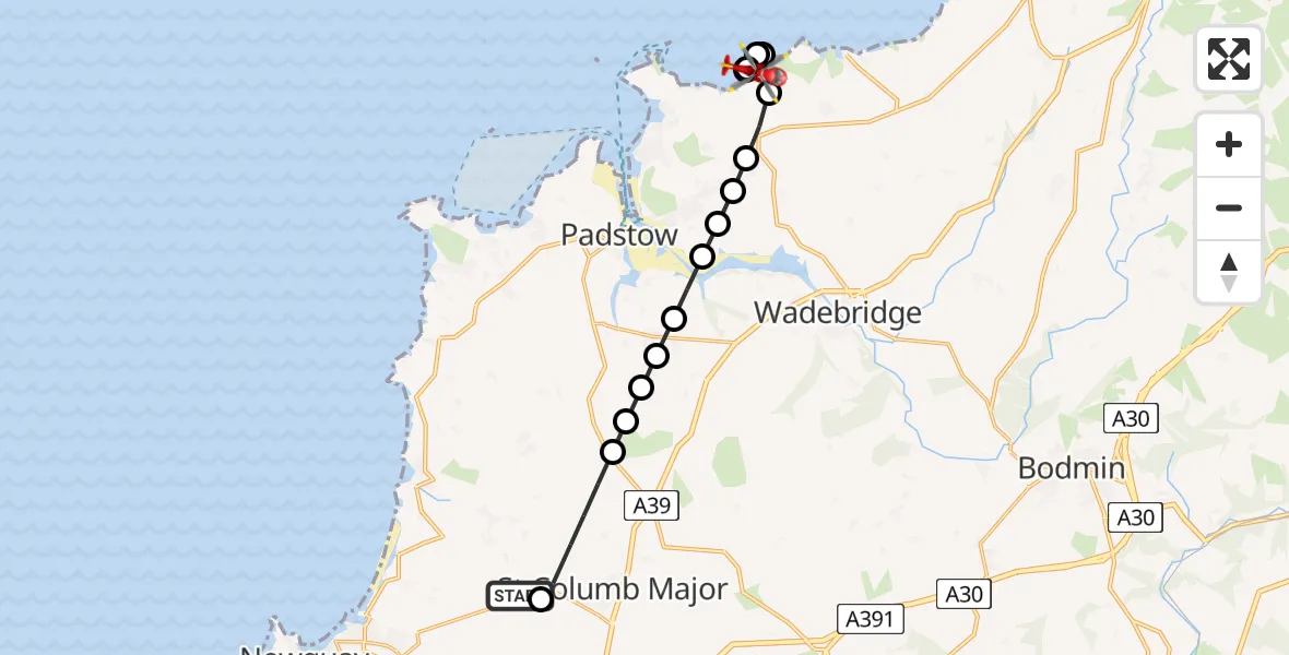 Flight route Air Ambulance Helicopter Cornwall Airport Newquay - St Minver, 07 June 2026, 14:57