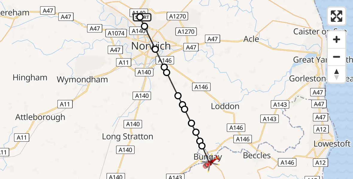 Flight route Air Ambulance Helicopter Norwich Airport - Bungay, 07 June 2026, 15:00