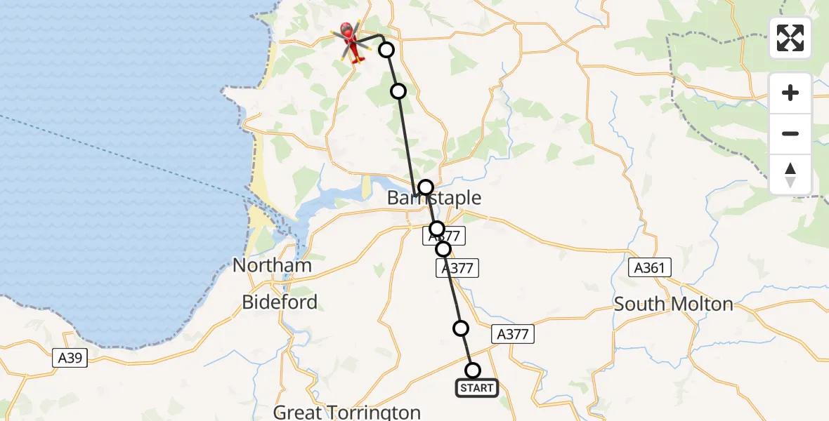 Flight route Air Ambulance Helicopter Torridge - West Down, 07 June 2026, 15:10