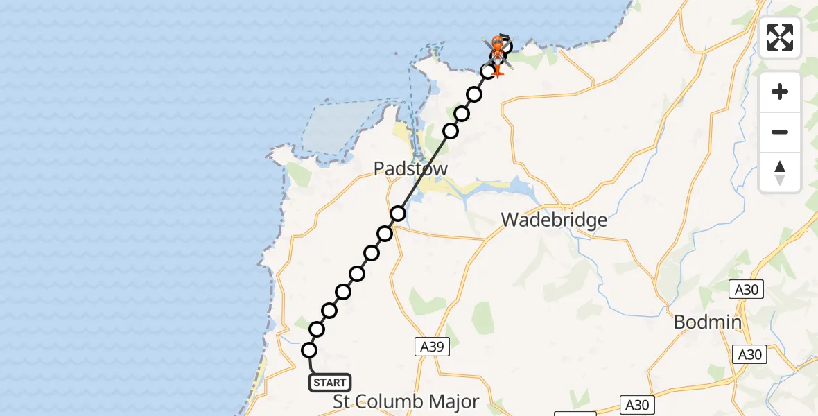 Flight route Coastguard Helicopter Cornwall Airport Newquay - St Minver, 07 June 2026, 15:12