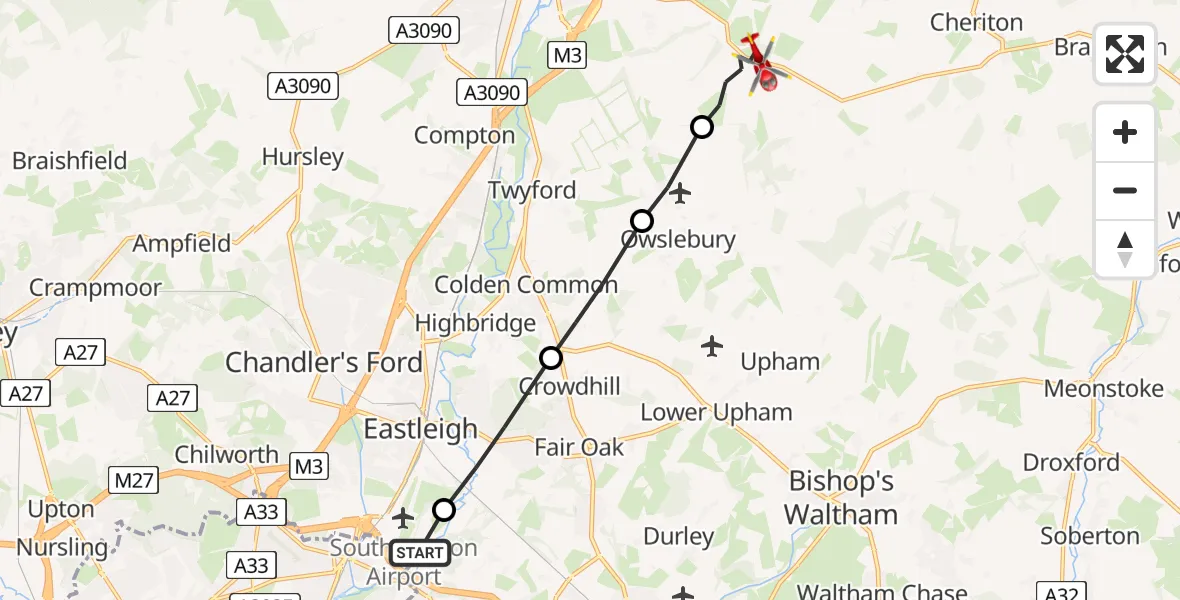Flight route Air Ambulance Helicopter Southampton Airport - Winchester, 07 June 2026, 15:15