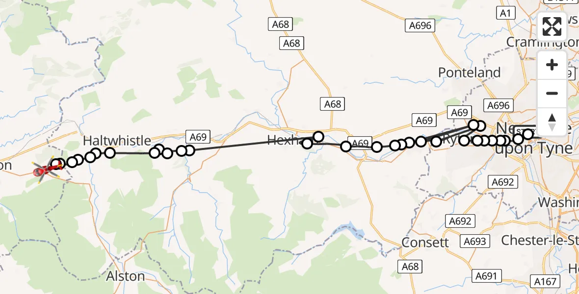 Flight route Air Ambulance Helicopter Newcastle Royal Victoria Infirmary - Farlam, 07 June 2026, 15:17