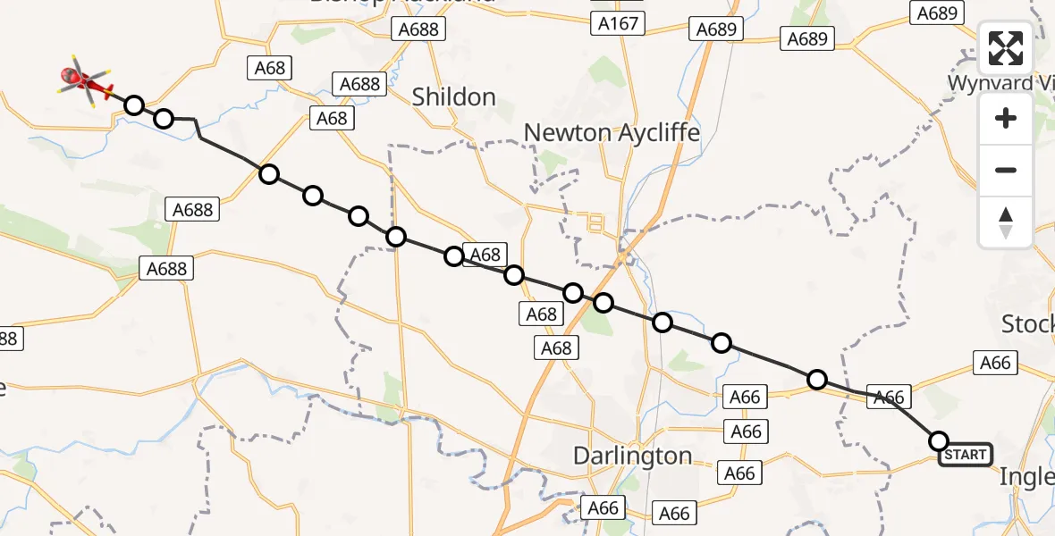 Flight route Air Ambulance Helicopter Egglescliffe - Hamsterley, 07 June 2026, 15:25