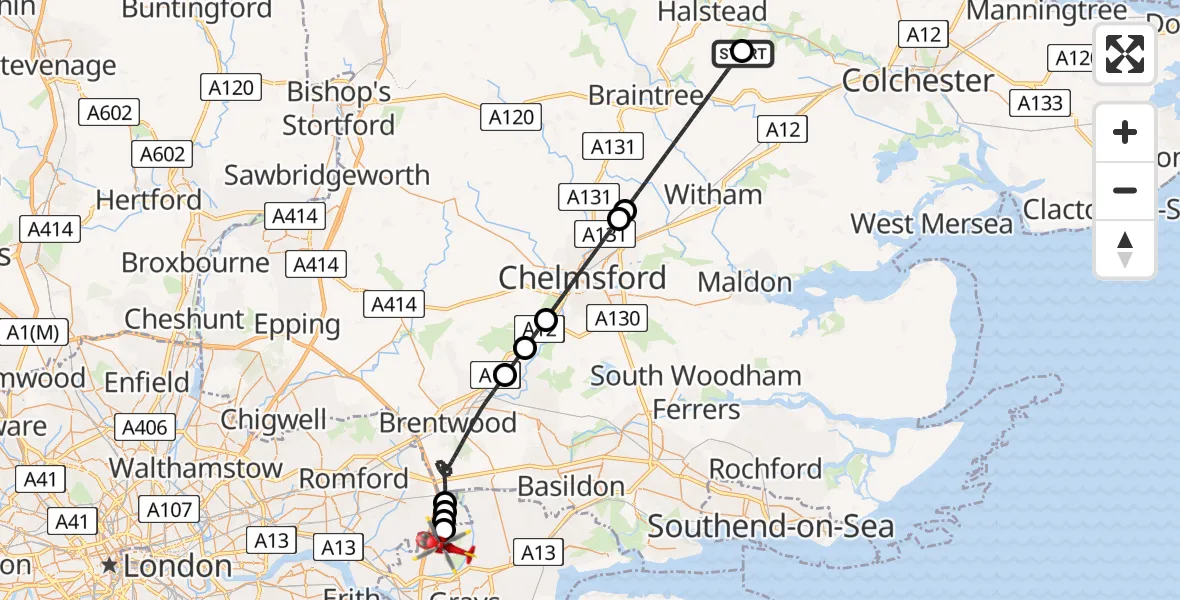 Flight route Air Ambulance Helicopter Earls Colne Airfield - South Ockendon, 07 June 2026, 15:25