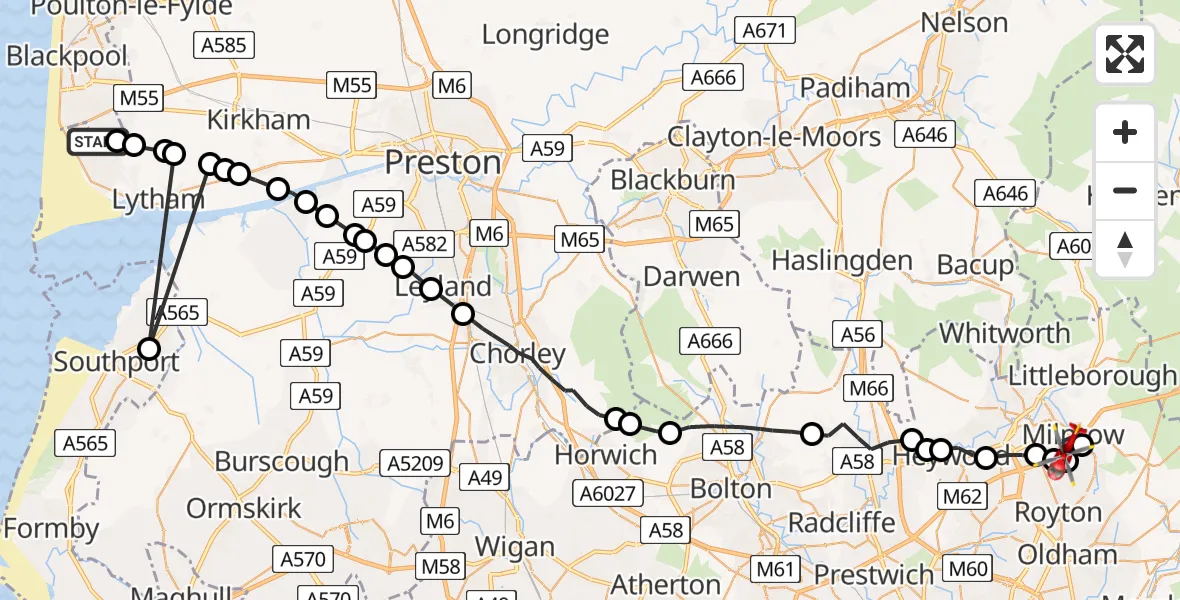 Flight route Air Ambulance Helicopter Blackpool Airport - Milnrow, 07 June 2026, 15:27