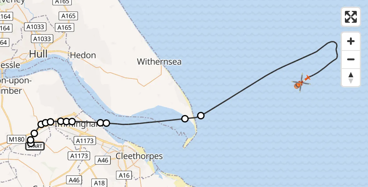 Flight route Coastguard Helicopter Humberside Airport - North Sea, 07 June 2026, 15:29