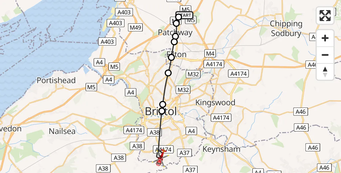 Flight route Air Ambulance Helicopter Almondsbury Helicopter Base - Bristol, 07 June 2026, 15:32