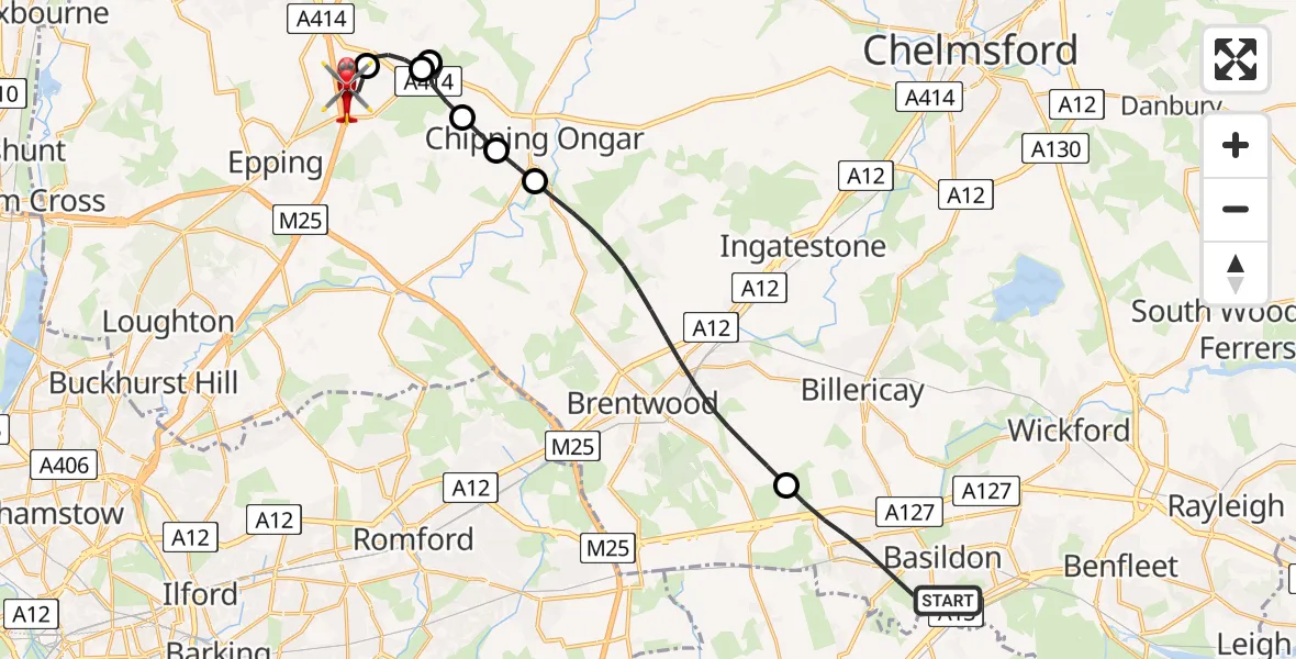 Flight route Air Ambulance Helicopter Basildon - North Weald Airfield, 07 June 2026, 15:41