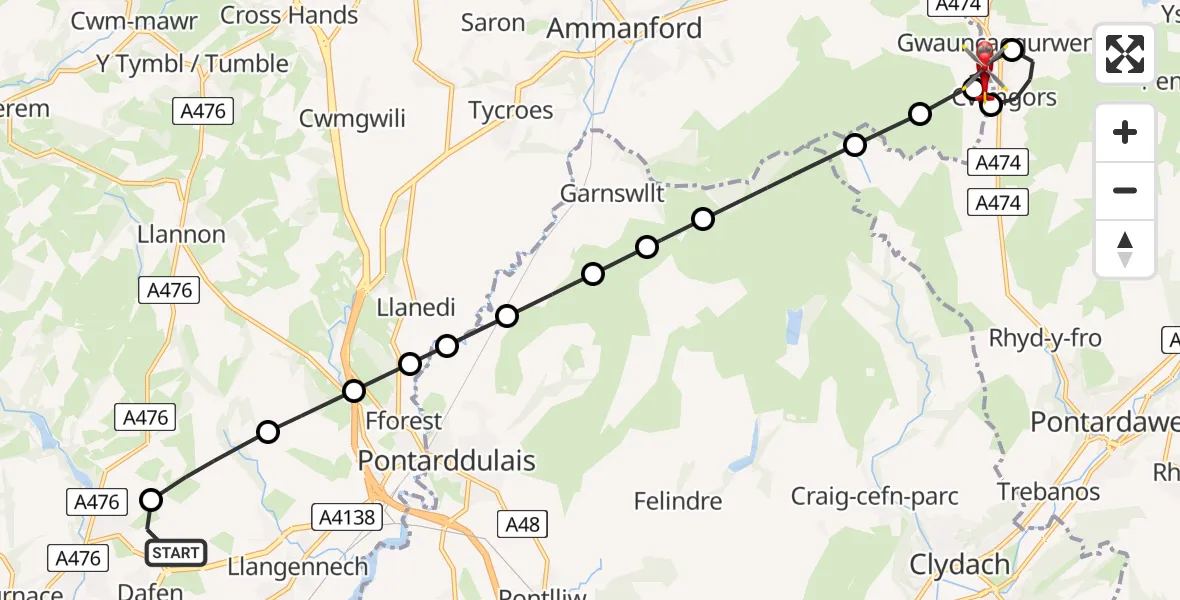 Flight route Air Ambulance Helicopter Dafen - Cwmamman, 07 June 2026, 15:44