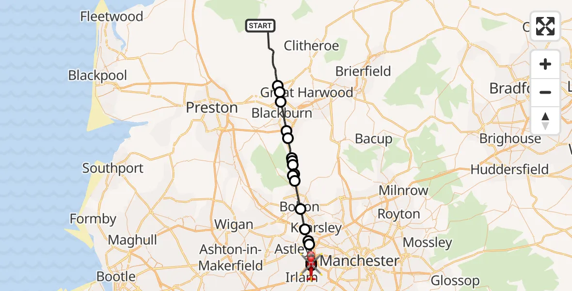 Flight route Air Ambulance Helicopter Ribble Valley - Manchester Barton Aerodrome, 07 June 2026, 15:46