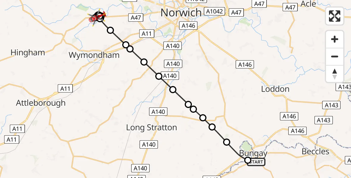 Flight route Air Ambulance Helicopter Bungay - South Norfolk, 07 June 2026, 15:51