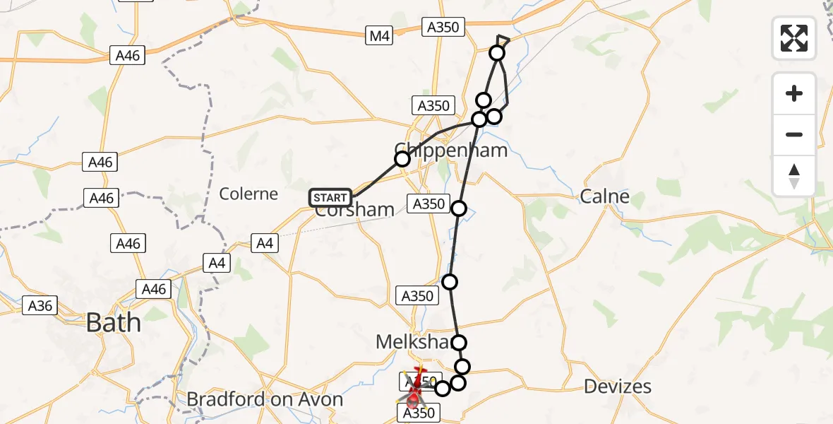 Flight route Air Ambulance Helicopter Corsham - Wiltshire Air Ambulance, 07 June 2026, 15:51