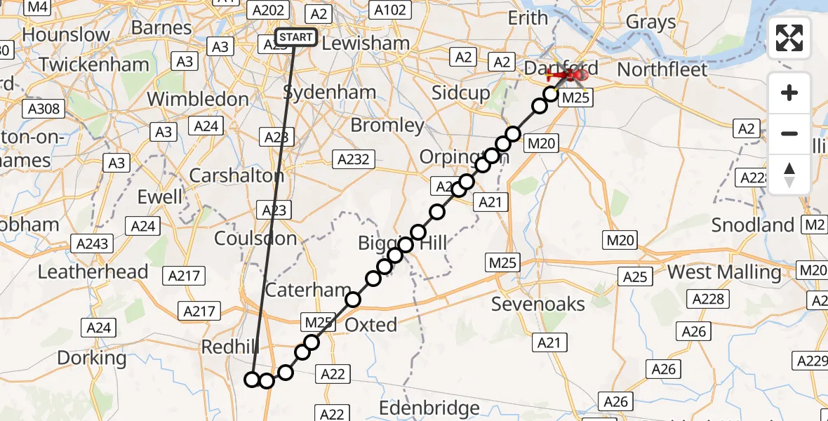 Flight route Air Ambulance Helicopter Kings College London Hospital - Dartford, 07 June 2026, 15:53