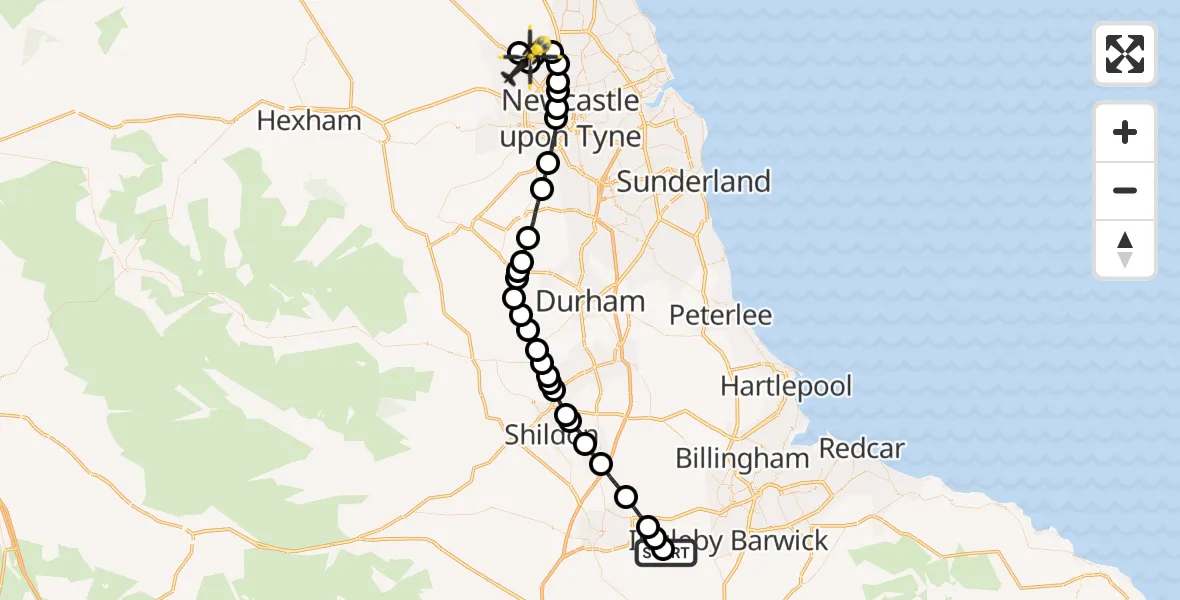 Flight route Police Helicopter Teesside International Airport - Newcastle International Airport, 07 June 2026, 15:58