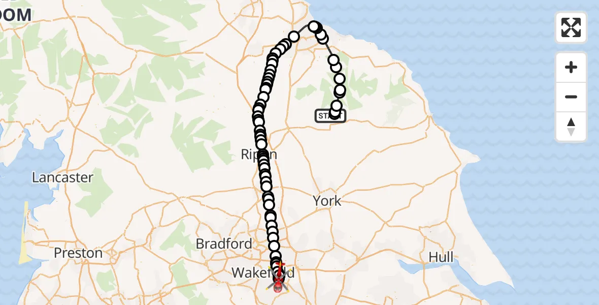Flight route Air Ambulance Helicopter Helmsley - Streethouse, 07 June 2026, 16:00