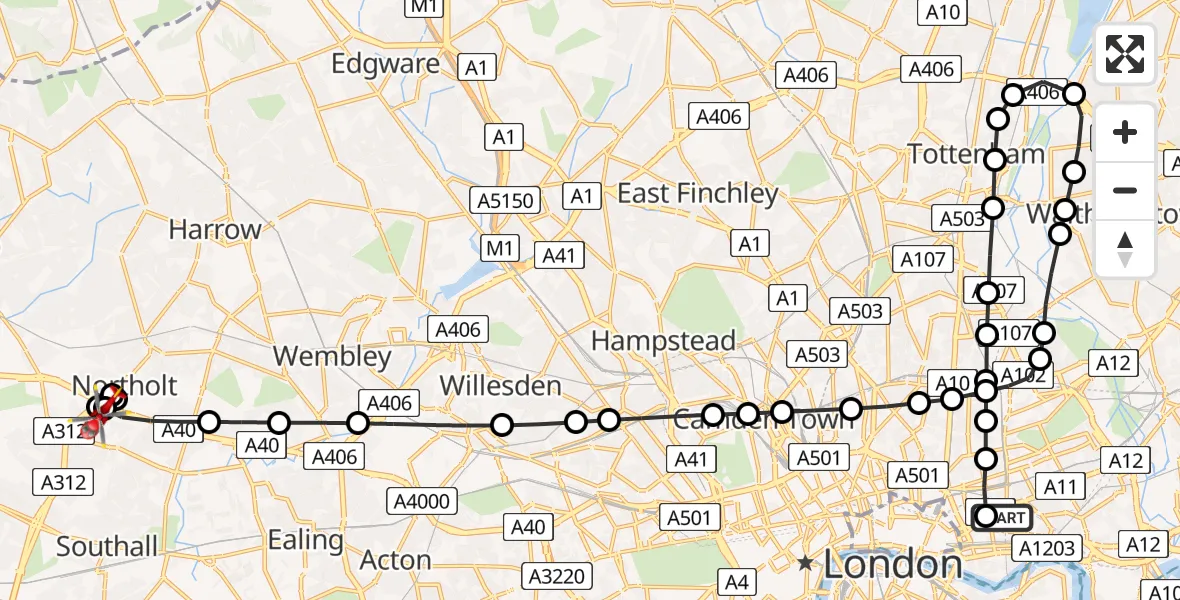 Flight route Air Ambulance Helicopter Royal London Hospital - Ealing, 07 June 2026, 16:00