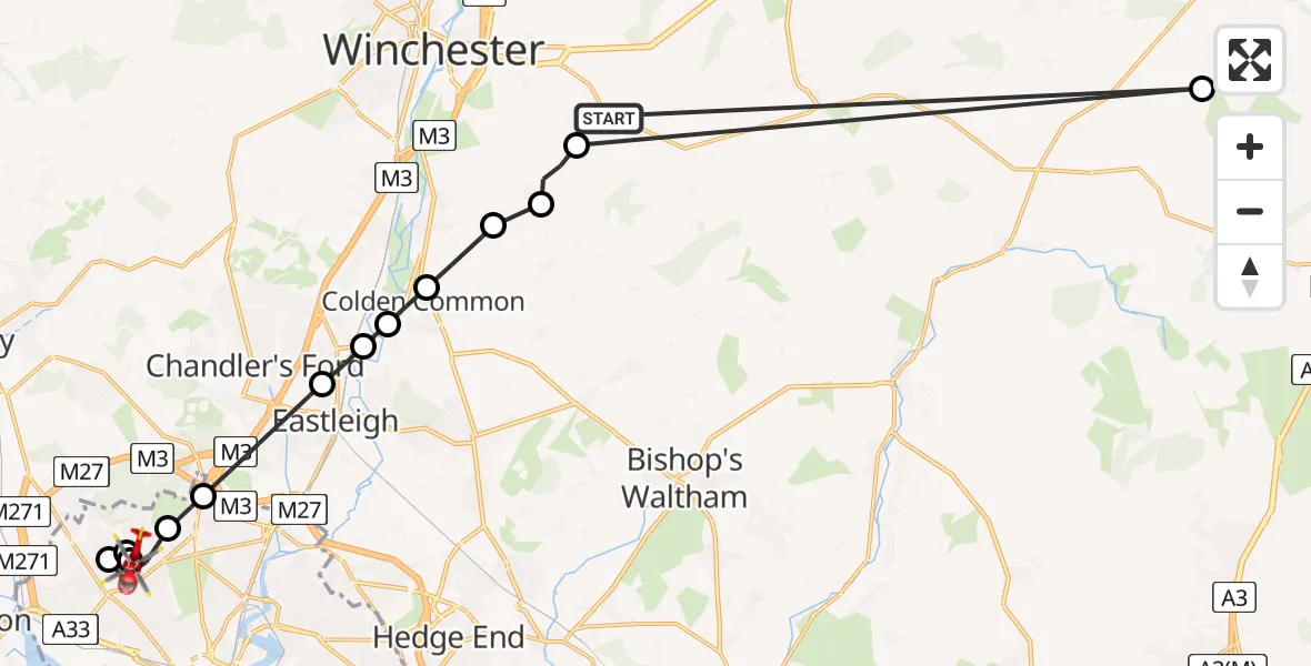Flight route Air Ambulance Helicopter Winchester - Aldermoor, 07 June 2026, 16:03