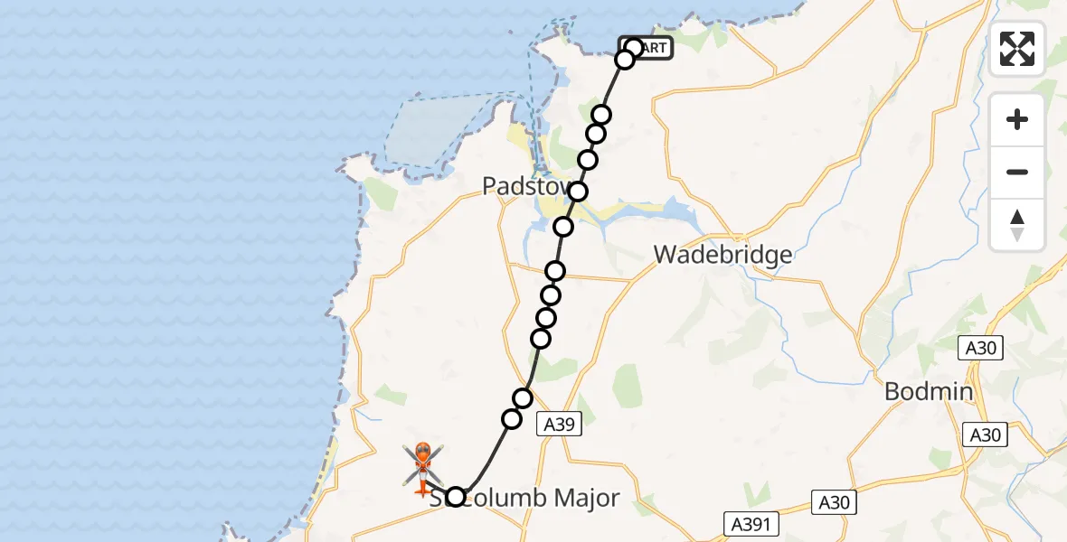 Flight route Coastguard Helicopter St Minver - Cornwall Airport Newquay, 07 June 2026, 16:07