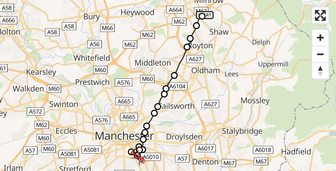 Flight route Air Ambulance Helicopter Milnrow - Chorlton-on-Medlock, 07 June 2026, 16:16