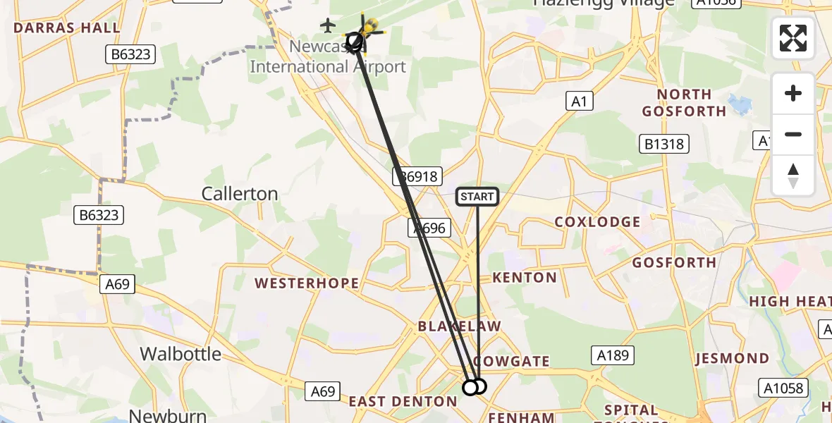 Flight route Police Helicopter Kenton - Newcastle International Airport, 07 June 2026, 16:27