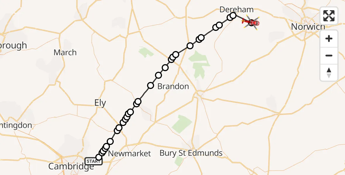 Flight route Air Ambulance Helicopter Stow cum Quy - Brakefield Green, 07 June 2026, 16:27
