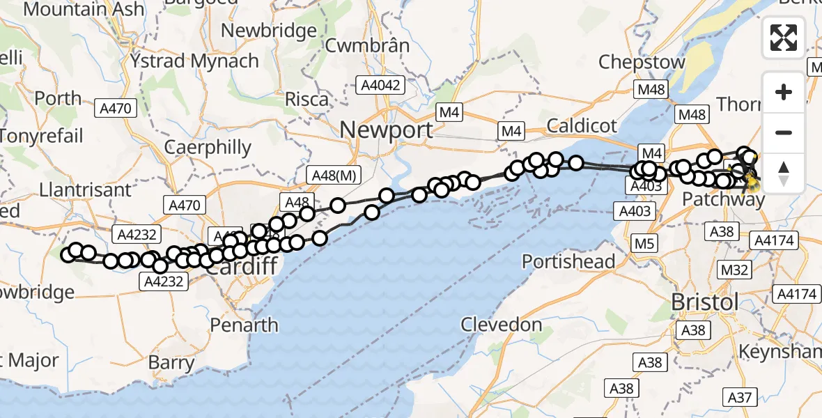 Flight route Police Helicopter Almondsbury Helicopter Base - Hortham, 07 June 2026, 16:33