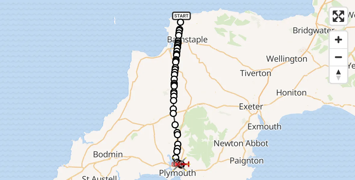 Flight route Air Ambulance Helicopter Ilfracombe - Derriford Hospital, 07 June 2026, 16:41