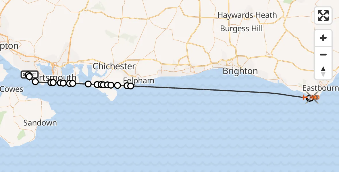 Flight route Coastguard Helicopter Solent Airport - Eastbourne, 07 June 2026, 16:42