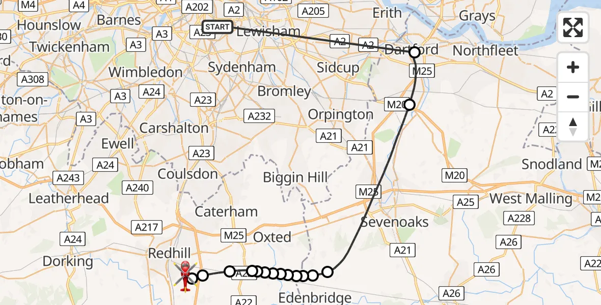 Flight route Air Ambulance Helicopter Kings College London Hospital - Redhill Aerodrome, 07 June 2026, 16:46