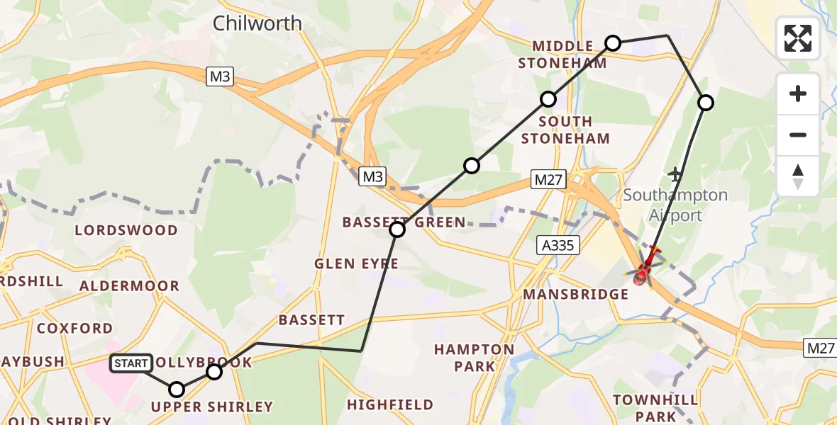 Flight route Air Ambulance Helicopter University Hospital Southampton - Southampton Airport, 07 June 2026, 16:50