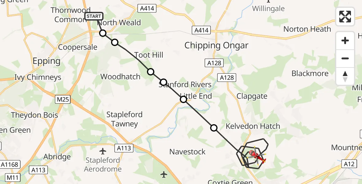 Flight route Air Ambulance Helicopter North Weald Airfield - Brentwood, 07 June 2026, 16:56
