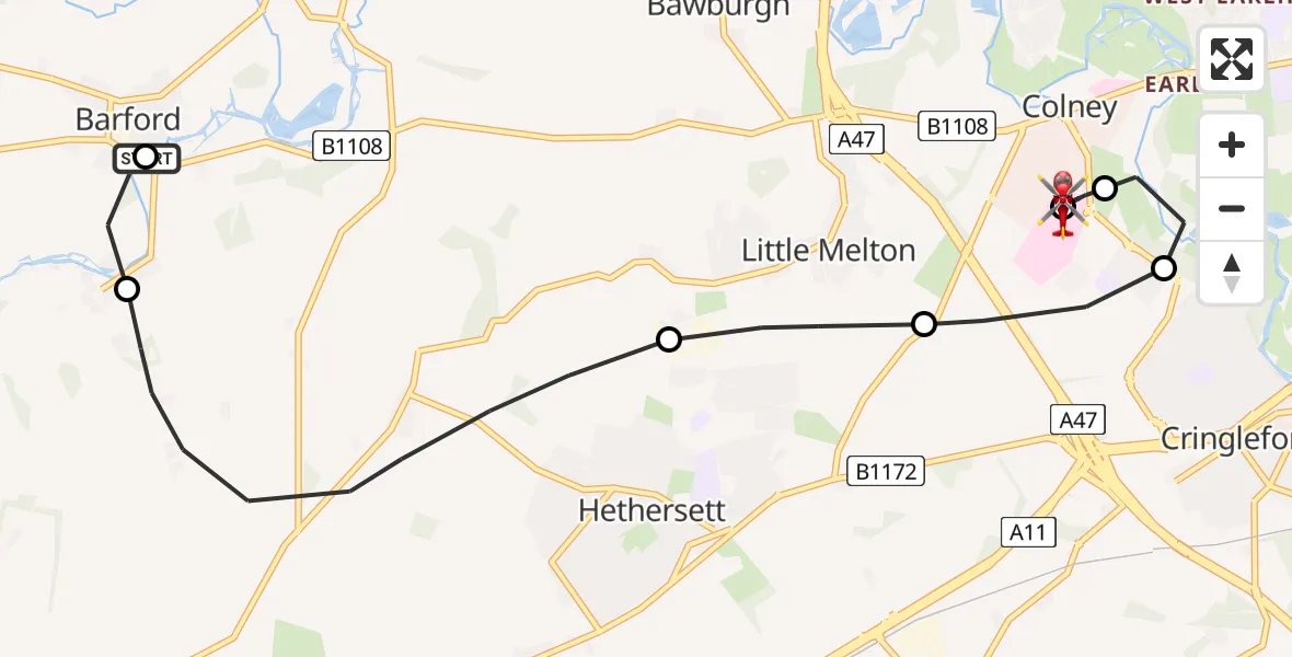 Flight route Air Ambulance Helicopter Marlingford - Norfolk & Norwich Hospital, 07 June 2026, 16:58